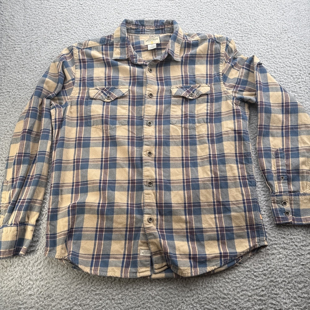 Quiksilver Waterman Flannel Shirt Mens Medium Brown Plaid Long Sleeve Cotton